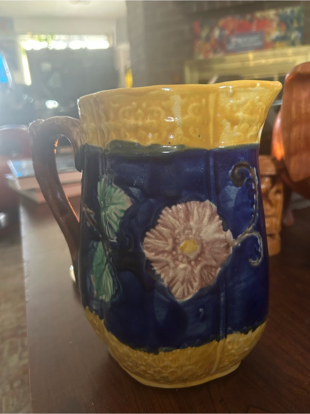 English Factory Yellow, Blue and Pink Floral Ceramic Pitcher